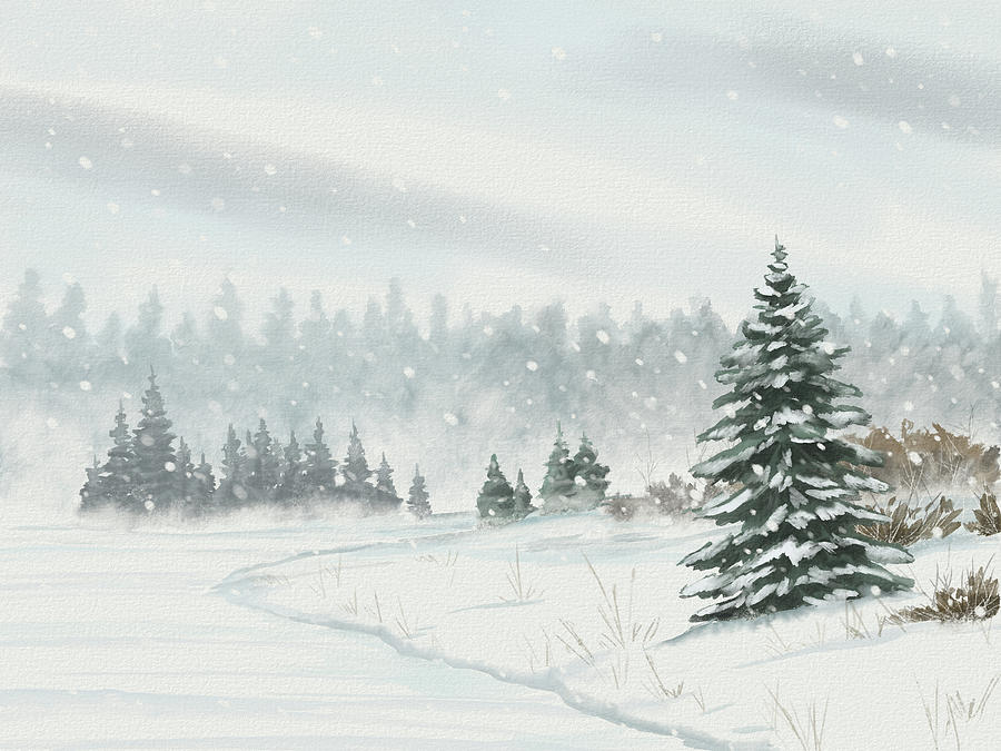Winter Lake - Winter Watercolor Landscape Digital Art by Shawn Conn