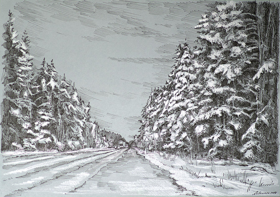 Winter Landscape Drawing By Aleksandr Petrunin