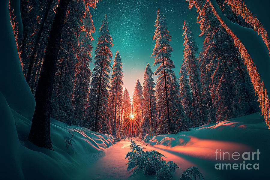 Winter landscape at majestic sunset Digital Art by Jelena Jovanovic