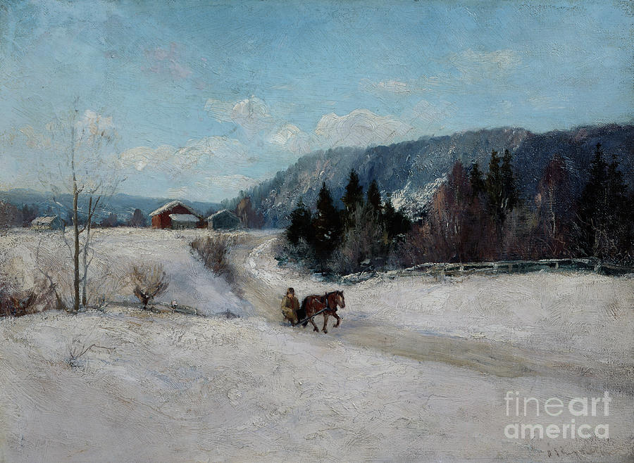Winter landscape at Skaugum hill Painting by O Vaering by Andreas Singdahlsen