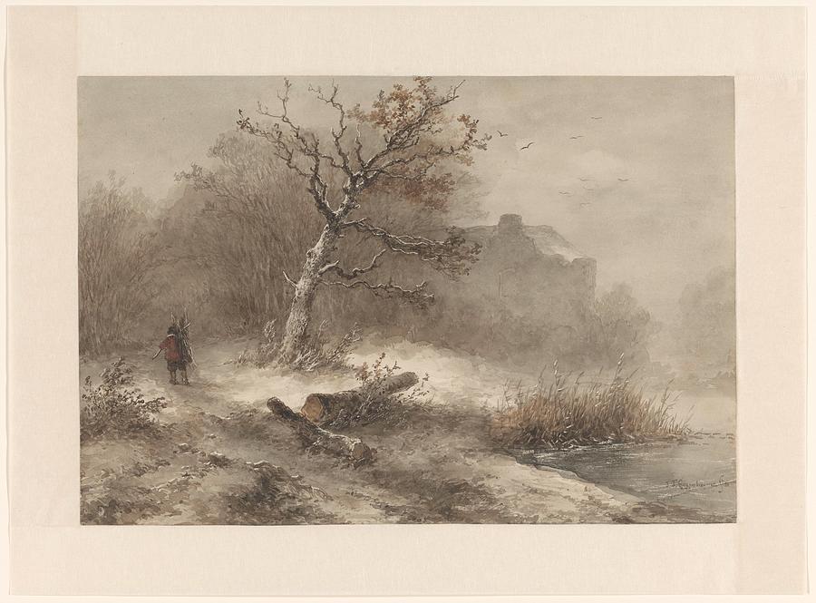 Winter Landscape with a Going Wood Gatherer, Johannes Franciscus Hoppenbrouwers, 1850 Painting by MotionAge Designs