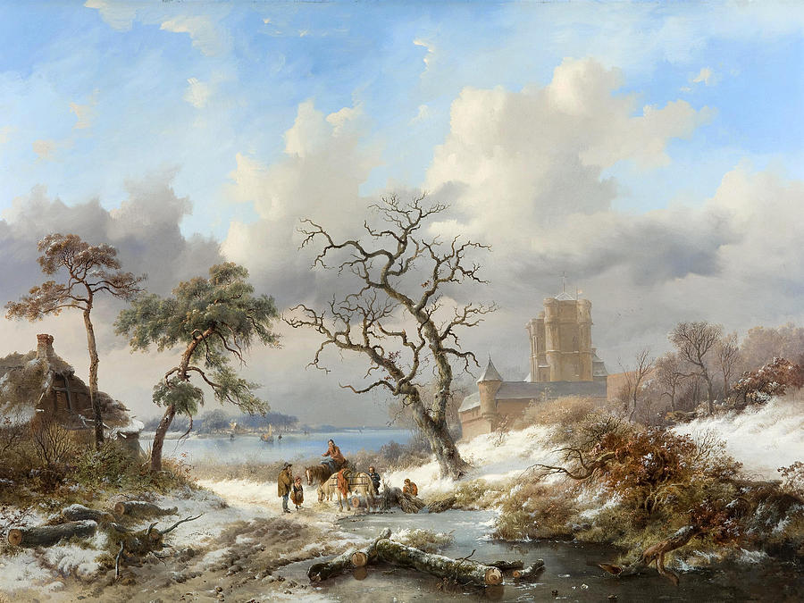 Winter landscape with figures Painting by Fredrik Marinus Kruseman