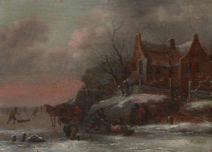 Winter Landscape With Figures Sledding On A Frozen River Painting