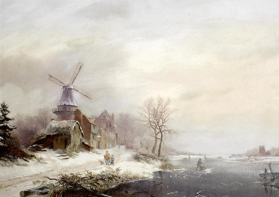 Winter landscape with hamlet, windmill and figures Painting by Fredrik Marinus Kruseman