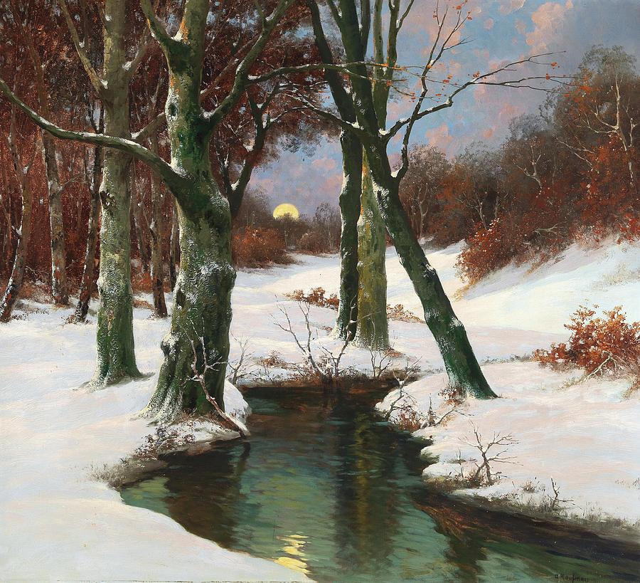 Winter Landscape With Rising Moon by Adolf Kaufmann Painting by MotionAge Designs