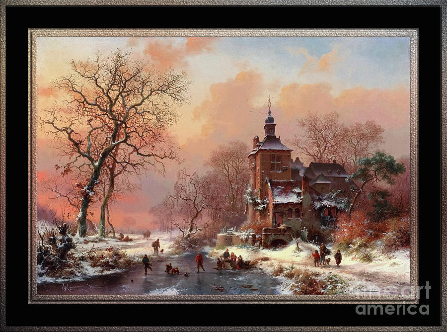 Winter Landscape with Skaters on a Frozen River by Frederik Marinus Kruseman Classical Art Reproduct Painting by Rolando Burbon
