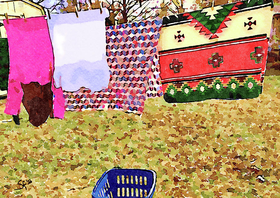 Winter Laundry Day Watercolor Painting Digital Art by Shelli Fitzpatrick