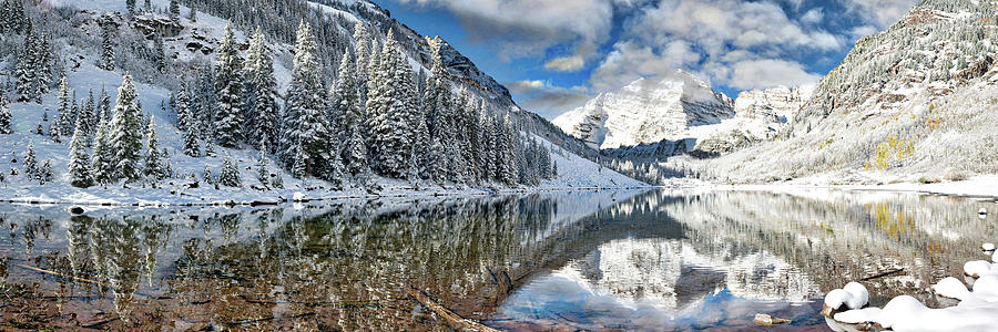 Winter, Maroon Bells Panorama Sunrise In The Rocky Mountains, Peaks Triptych.  Photograph by OLena Art