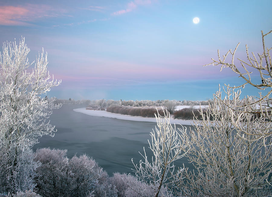 Winter Moon and River Idaho Photograph by Leland D Howard