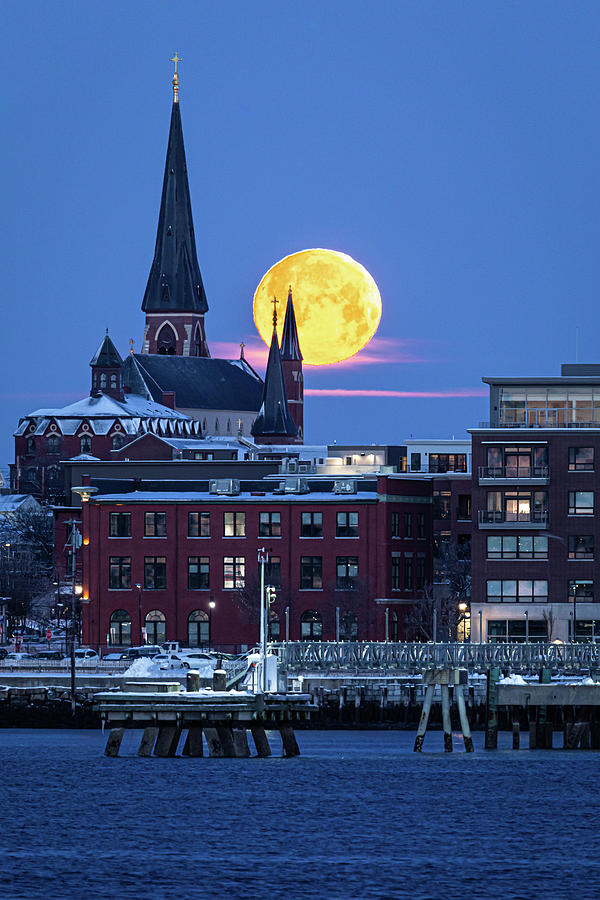 Winter Moon Set over Portland Photograph by Colin Chase