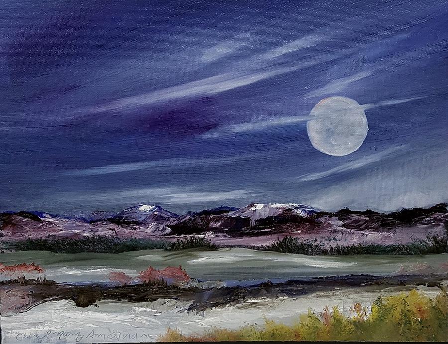 Winter Moon Twin Bridges Montana Painting by Cheryl Nancy Ann Gordon