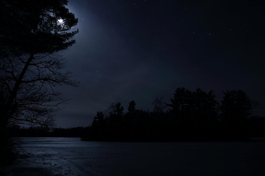 Winter Moonlight Haze Over Carrol Lake Photograph by Dale Kauzlaric