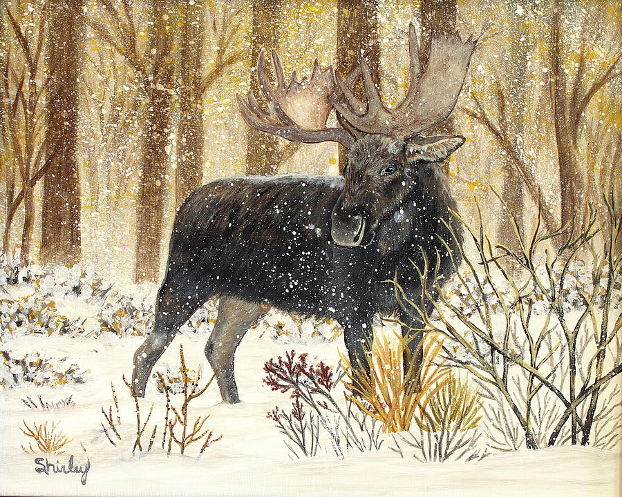 Winter Moose Painting by Shirley Dutchkowski