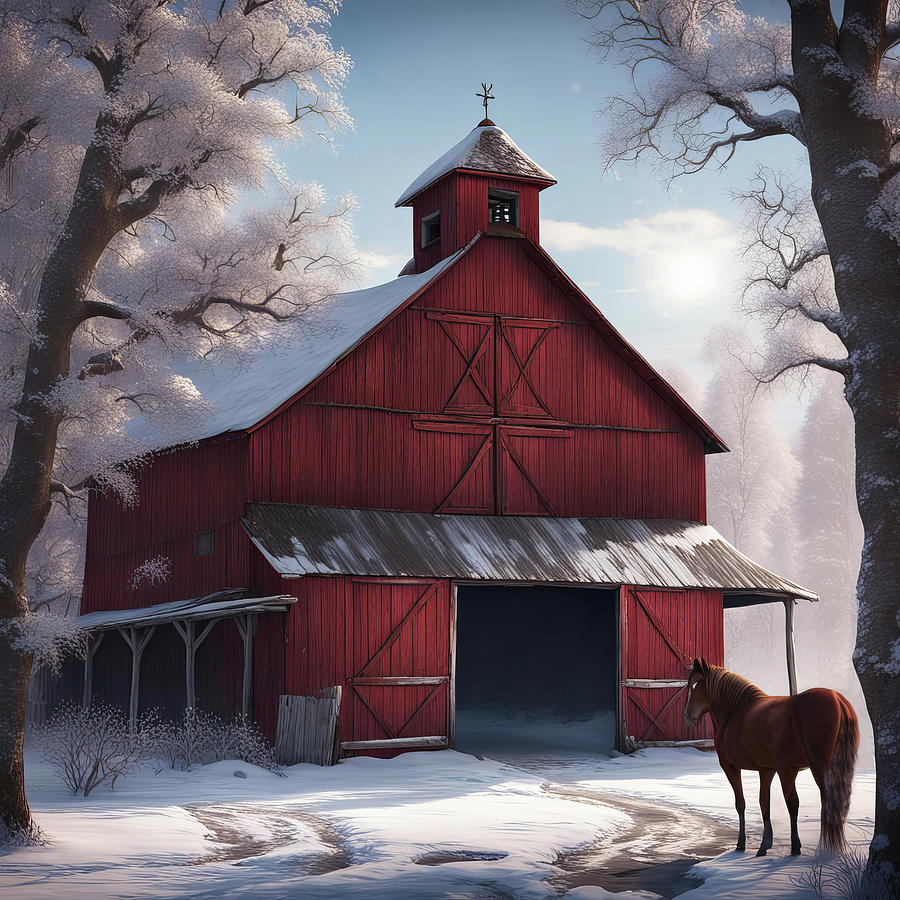 Barn Digital Art - Winter Morning at the Barn by Donna Kennedy