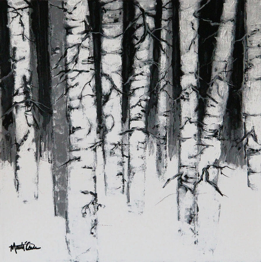 Winter Night Birch Painting by Marti Green