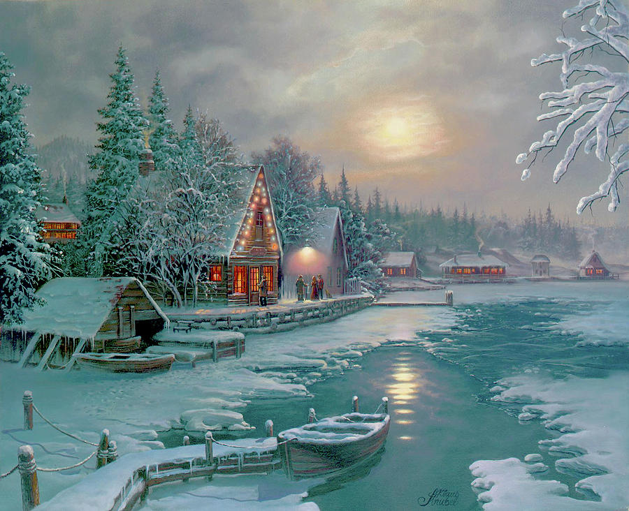 Winter Painting - Winter Night On The Lake by Klaus Strubel