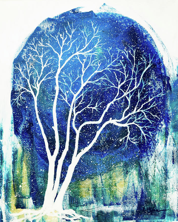 Winter night with tree Painting by Cristina Stefan