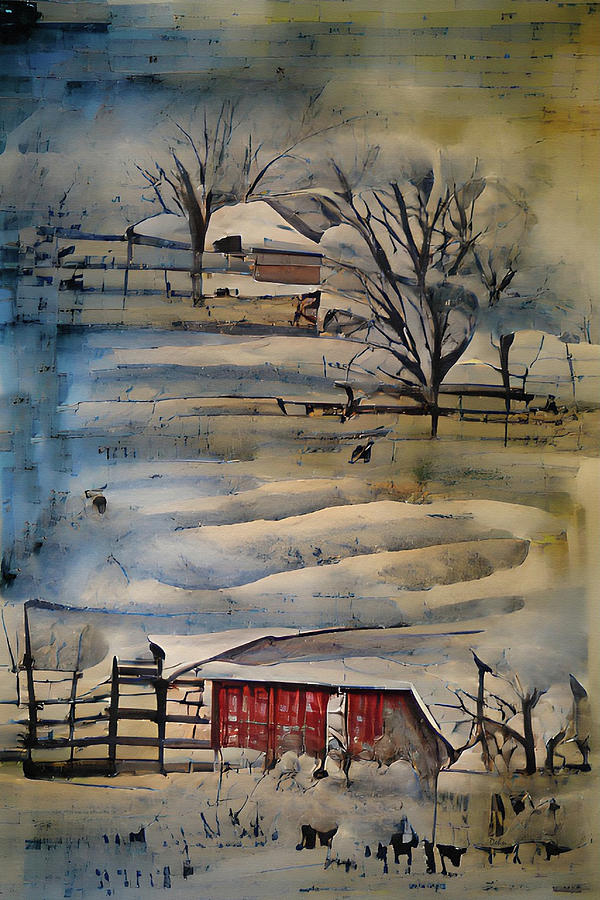 Winter on the Farm Abstract Watercolor Painting by David Dehner