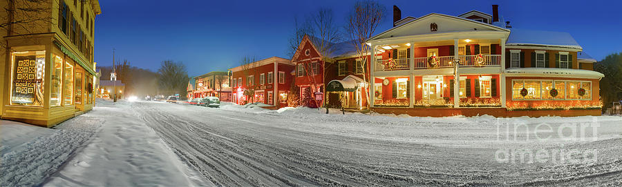 Winter panorama of downtown Stowe Vermont, USA Photograph by Don Landwehrle