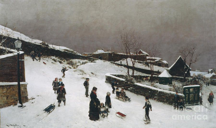 Winter picture from Nordnes, Bergen, 1884 Painting by O Vaering by Nicolai Ulfsten