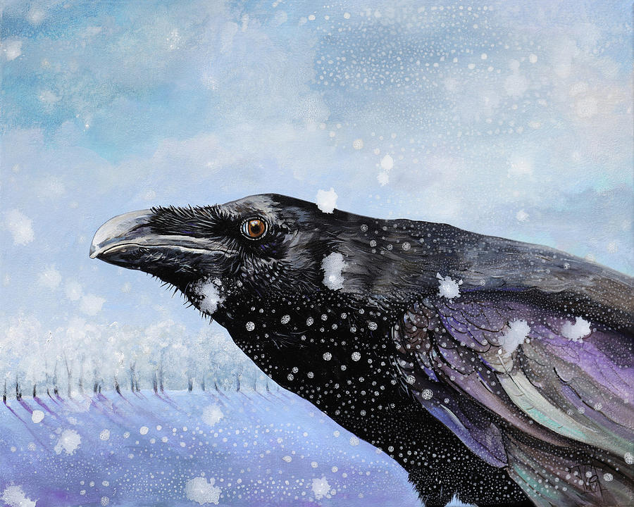 Winter Raven Painting by J W Baker