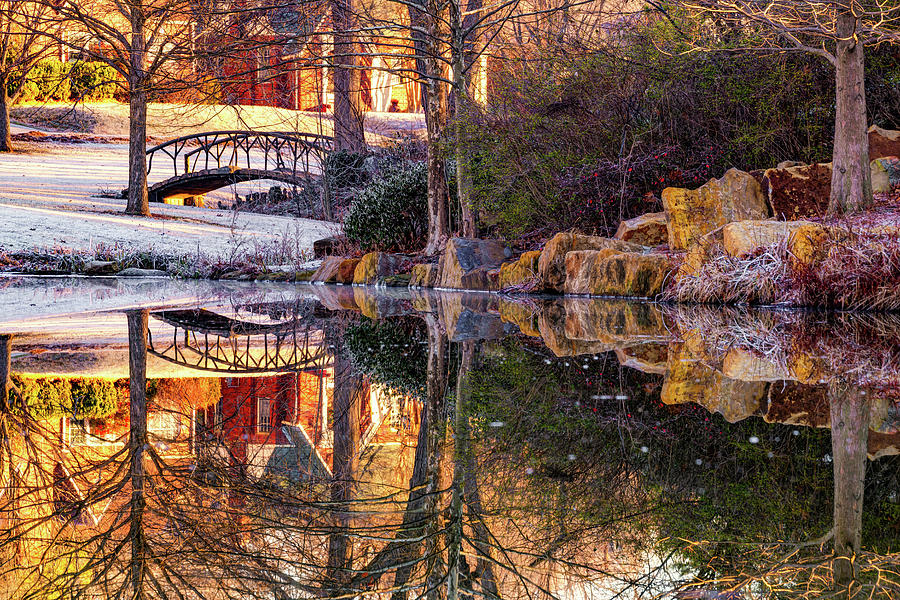 Winter Reflections Of Woodward Park And Wooden Bridge Photograph