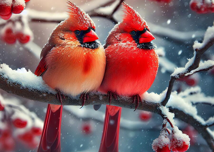 Winter Romance - Two Cardinals In Love Digital Art