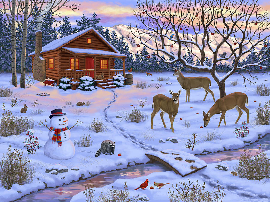 Log Cabin Painting - Winter Sanctuary Log Cabin Deer In Winter by Crista Forest