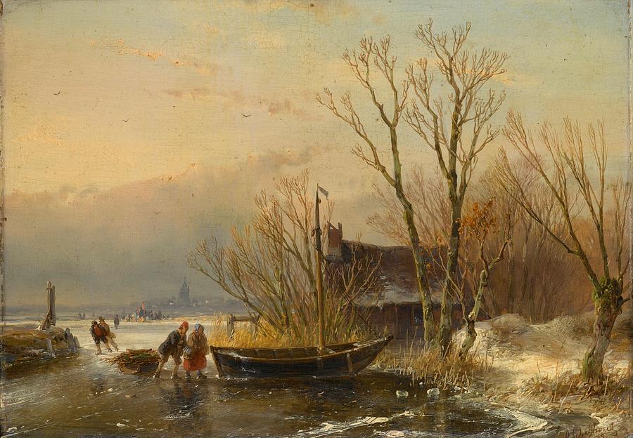 Winter Scene on the Ice with Wood Gatherers, Andreas Schelfhout, 1849 Painting by MotionAge Designs