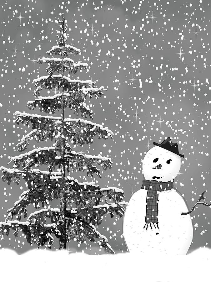 Winter Scene With Snowman 2 Black and White Mixed Media by David Dehner