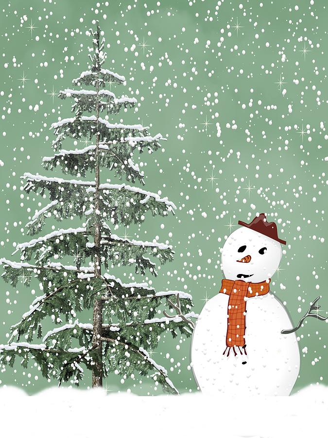 Winter Scene With Snowman 2 Mixed Media by David Dehner