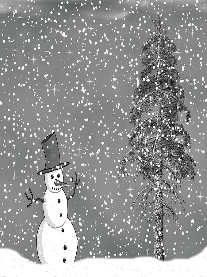 Winter Scene With Snowman 5 Black and White Mixed Media by David Dehner