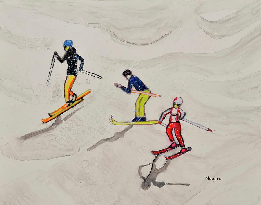 Christmas Painting - Winter Skiing landscape II miniature figures  by Manjiri Kanvinde