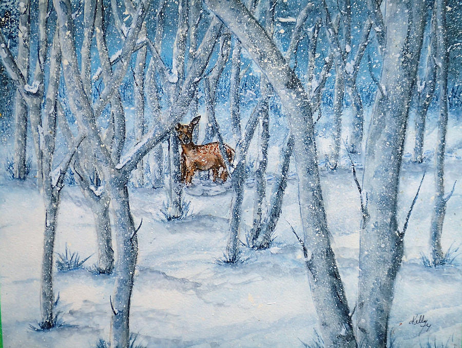 Winter Snow Embraces a Deer Painting by Kelly Mills