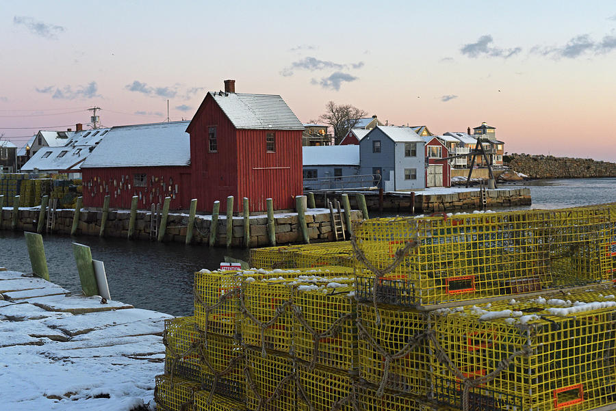 Winter Snow on Motif #1 and Lobster Traps in Rockport Massachusetts Photograph by Toby McGuire