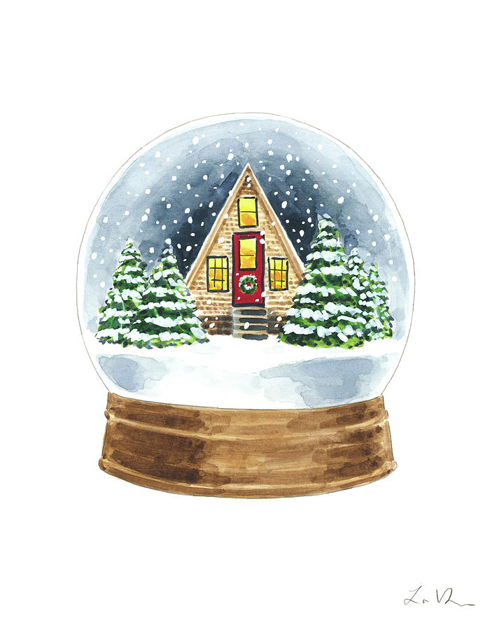 Winter Snowglobe With A Frame Cabin At Christmas Painting By Laura Row 