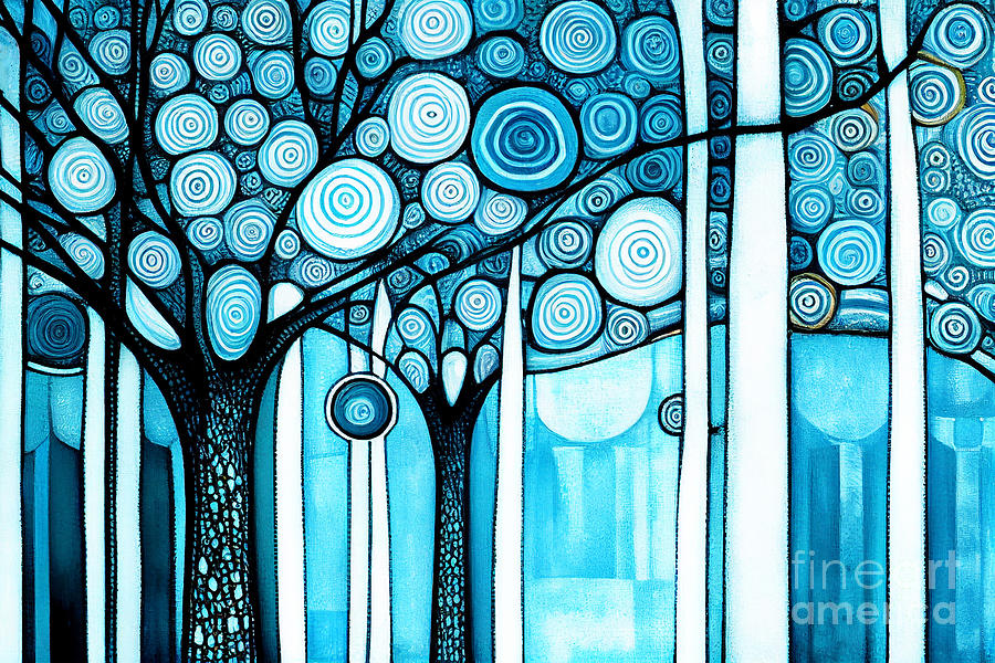 Tree Painting - Winter snowy blue trees by Delphimages Photo Creations