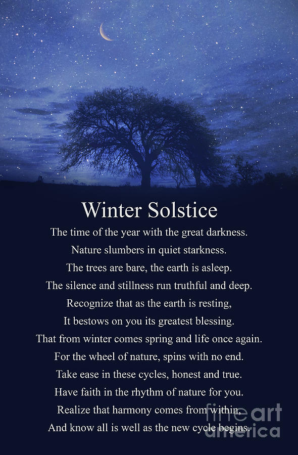 Winter Solstice Blessings Poem with Moon Tree and Stars Photograph by