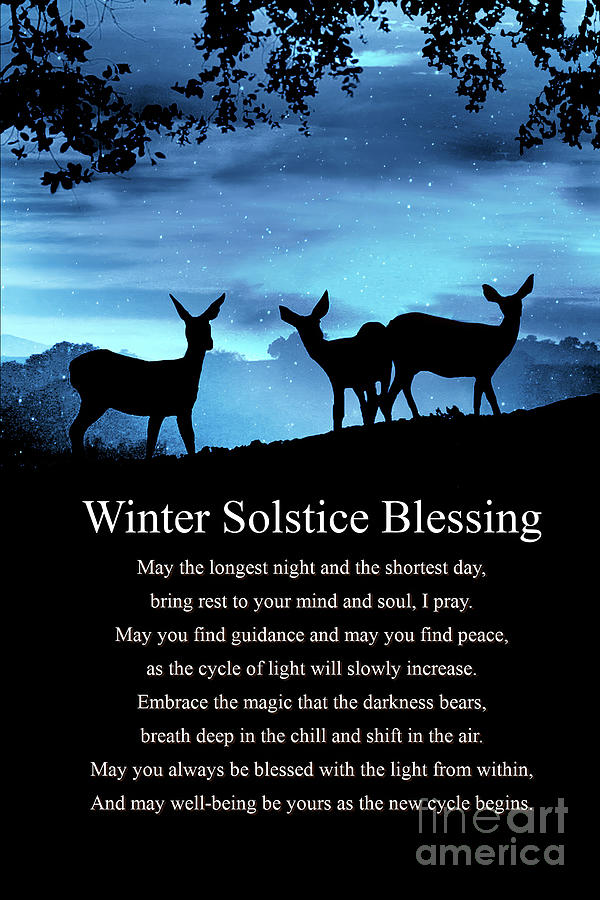 Winter Solstice Yule Blessings Poem with Deer in the Night Photograph by Stephanie Laird