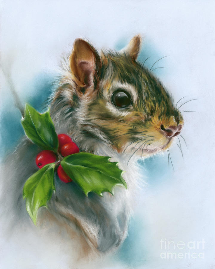 Winter Squirrel with Holly Painting by MM Anderson