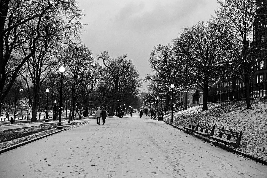 Winter Stroll through the Boston Common Christmas Lights Boston MA Black and White Photograph by Toby McGuire