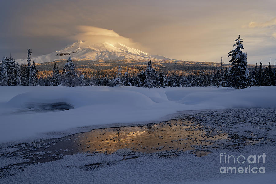 Winter Sunrise with Lenticular Cloud over Mount Hood Photograph by Tom Schwabel