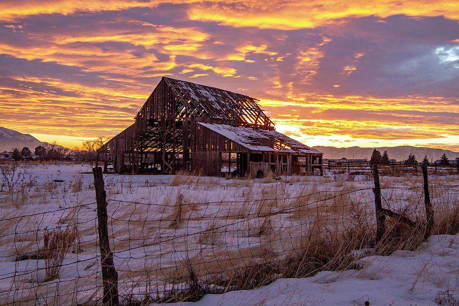 Winter Sunset at Mapleton Barn Photograph by Wesley Aston
