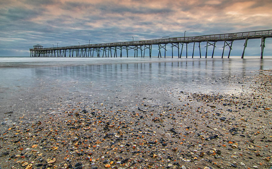 Shell Photograph - Winter Sunset at Oceanana Pier Atlantic Beach North Carolina by Bob Decker