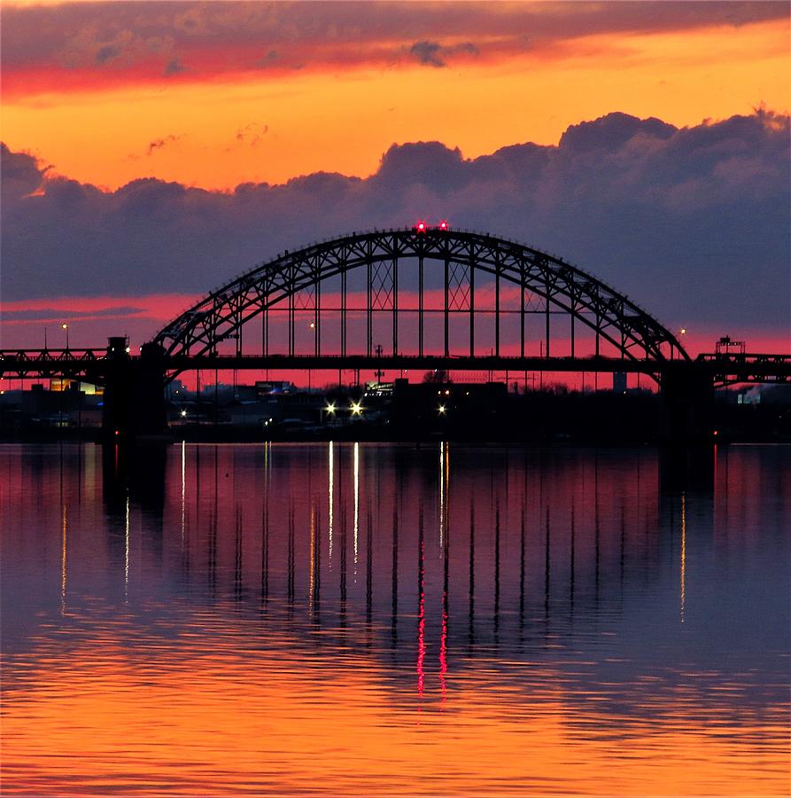 Winter Sunset Behind Tacony-Palmyra Bridge on the Delaware River Photograph by Linda Stern