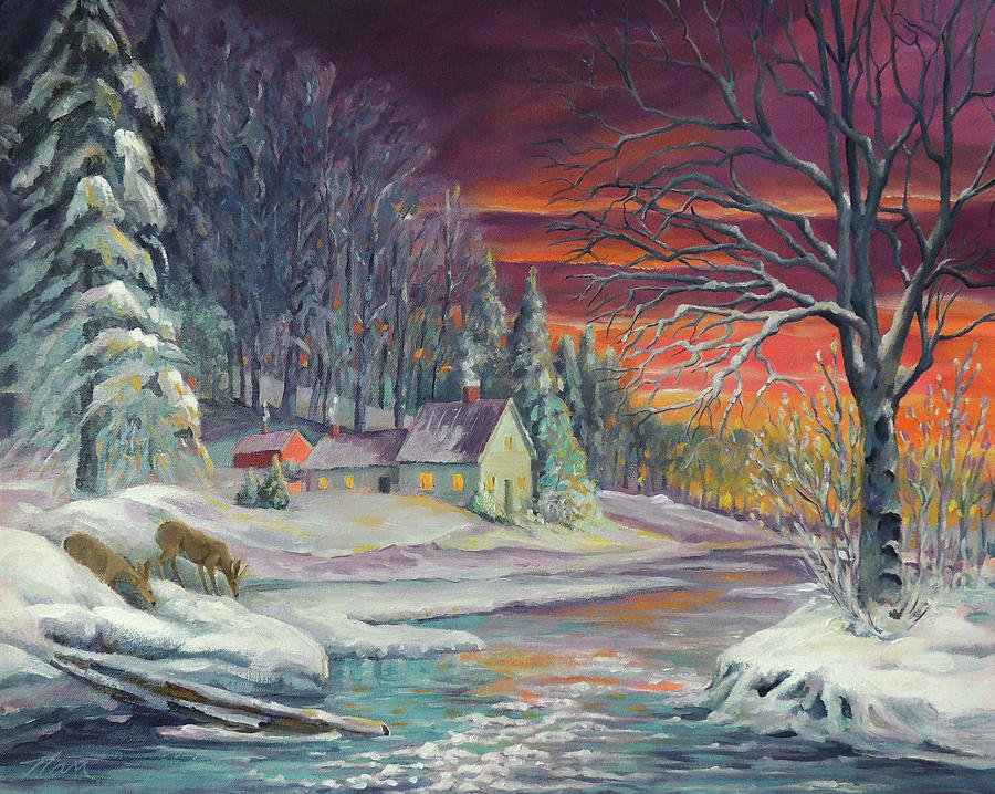 Winter Sunset By The River Painting by Nancy Griswold