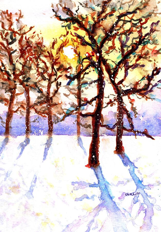 Snowy Winter Sunset  Painting by Carlin Blahnik CarlinArtWatercolor