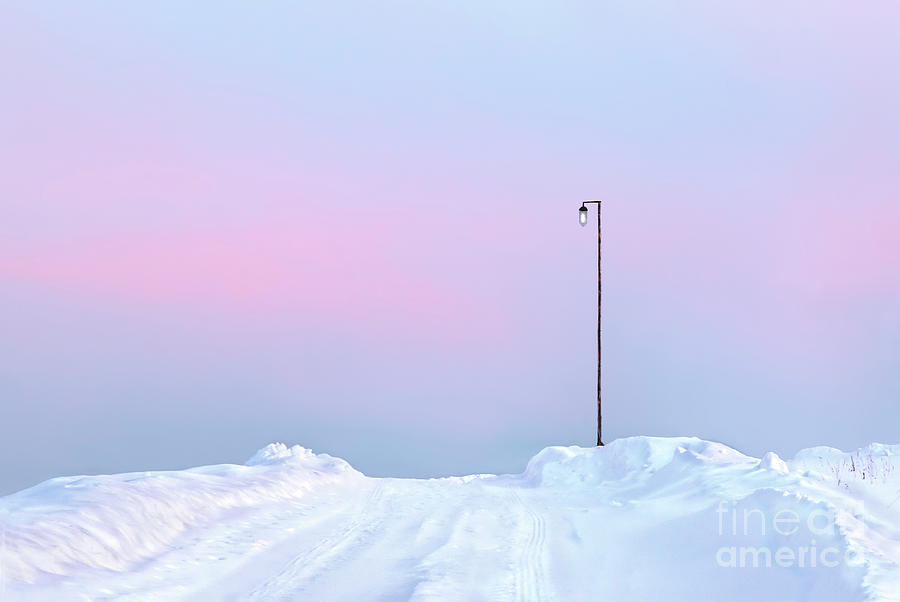 Winter sunset in pastel shades A lamp post on snowy road with sunset reflections on snow Photograph by Tatiana Bogracheva