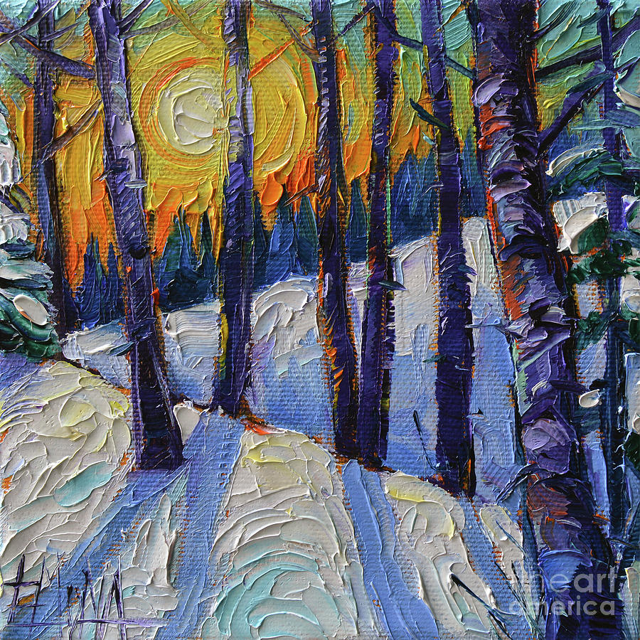Sunset Painting - WINTER SUNSET textured palette knife impasto oil painting on 3D canvas Mona Edulesco by Mona Edulesco