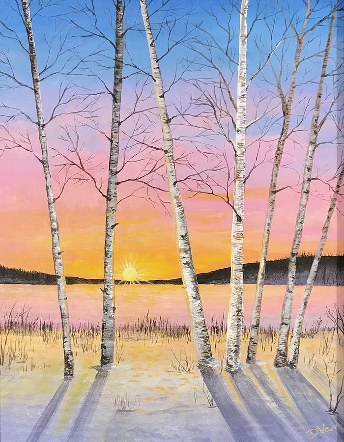 Winter Sunset Through the  Birches Painting by Denise Van Deroef